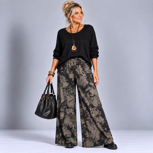 Black Grey Floral Palazzo Trousers