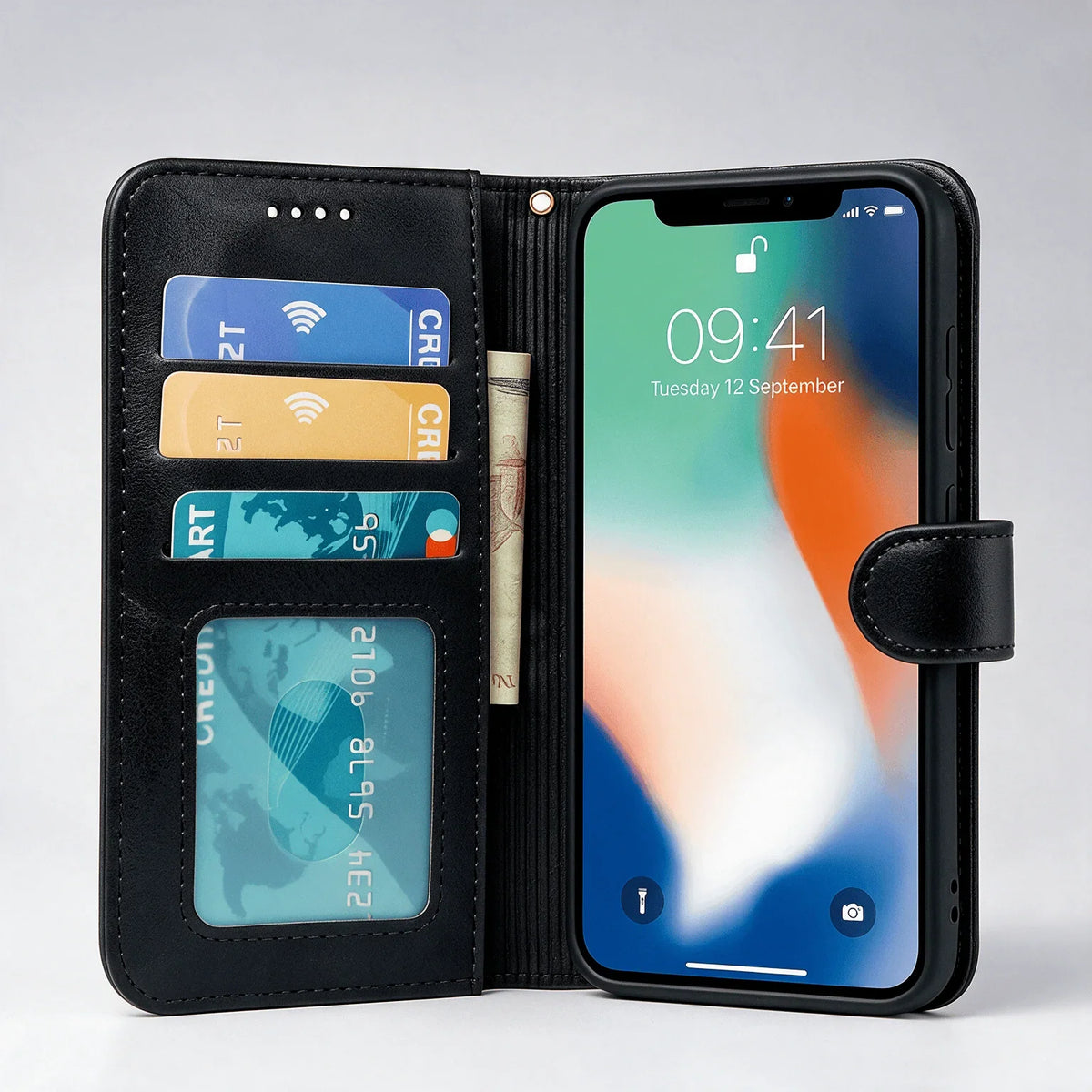 Custodia a libro con portafoglio in pelle per iPhone X / XS / XR / XS Max